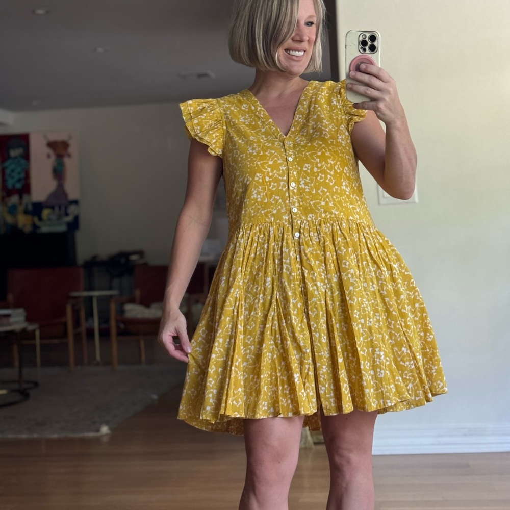 Cleobella Yellow Gold Zia Organic Cotton Size Medium Pattern Short Sleeve Dress